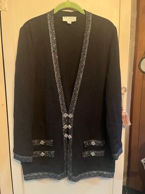 St. John Black Knit Open-Front Jacket with Beaded Trim